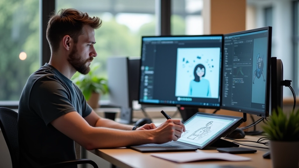 Concepteur créatif travaillant sur une animation à son bureau avec tablette graphique et écrans multiples